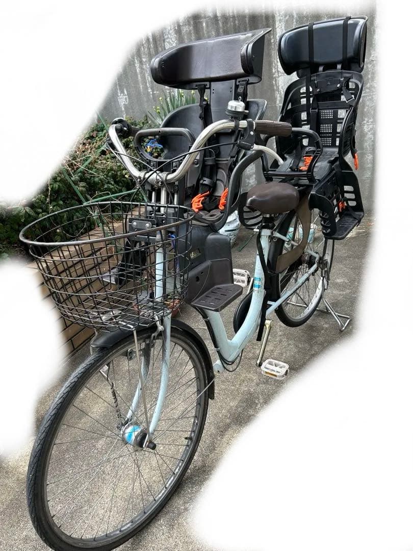 水色 シティサイクル チャイルドシート2つ付き　ふらっかーずキュート丸石サイクル