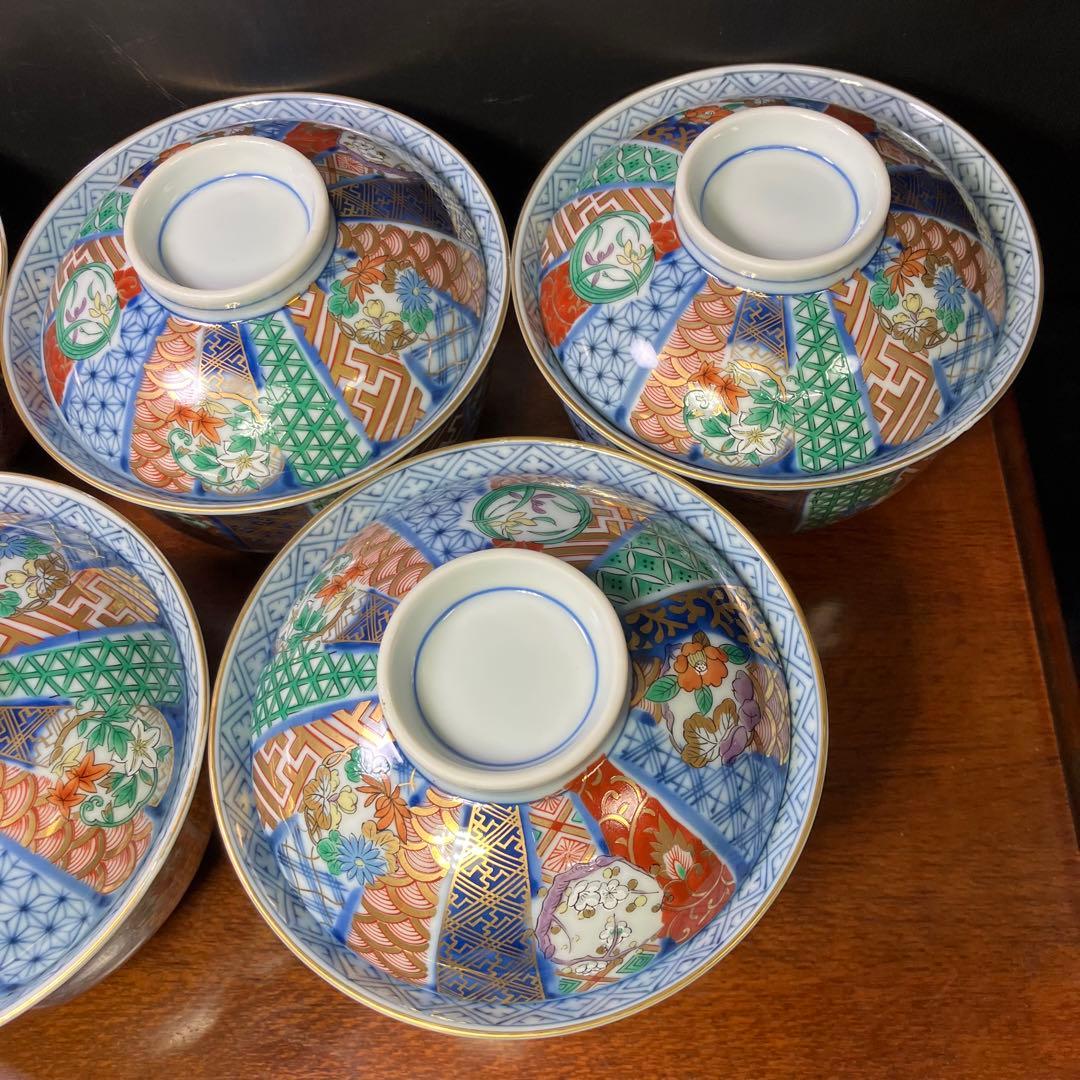 龍峯窯 祥瑞花丸紋蓋物揃 5客セット 金彩古伊万里蓋付き丼ぶり T0902-2