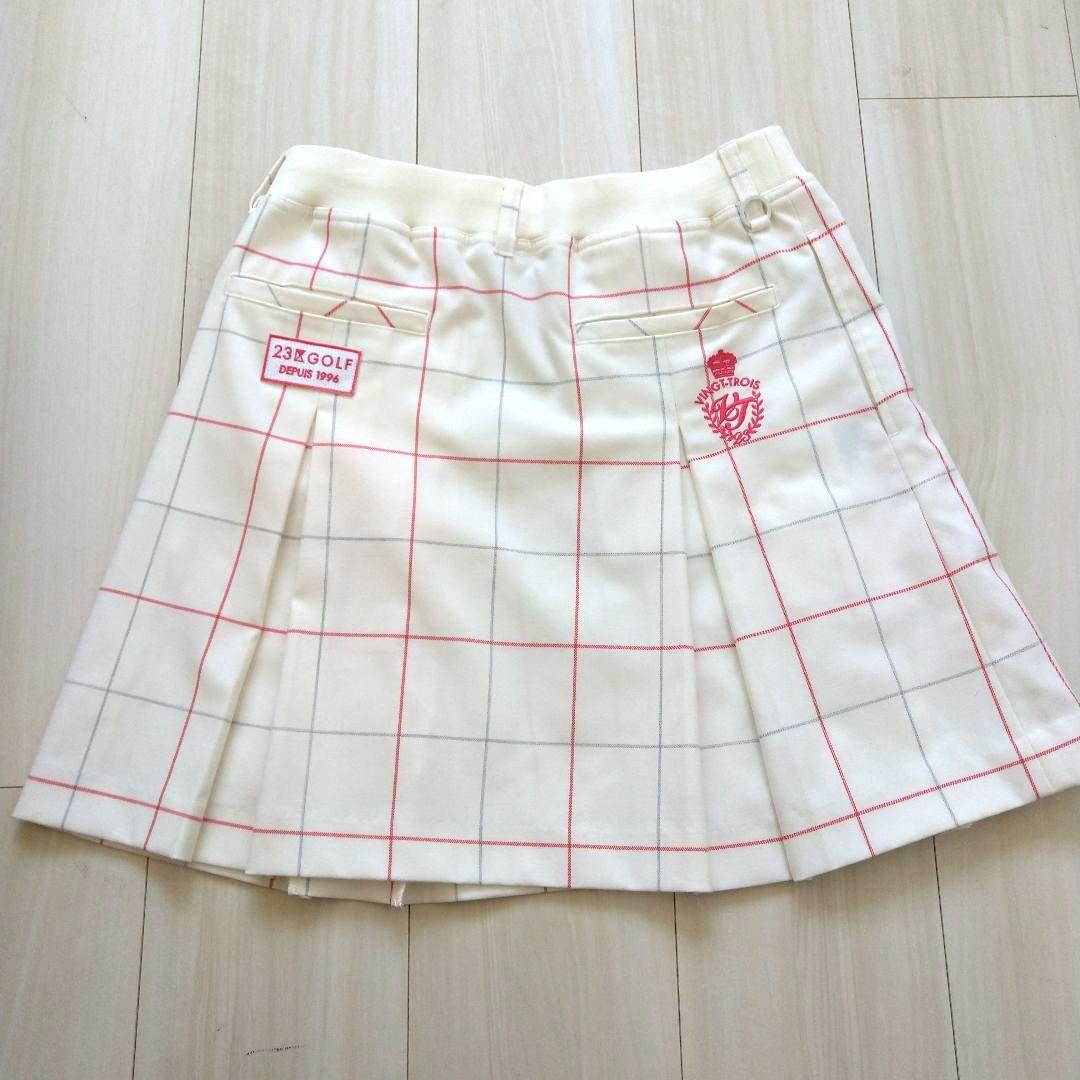 23区ゴルフニットスカート上下セットレディースゴルフウェアピンクチェック美品秋冬