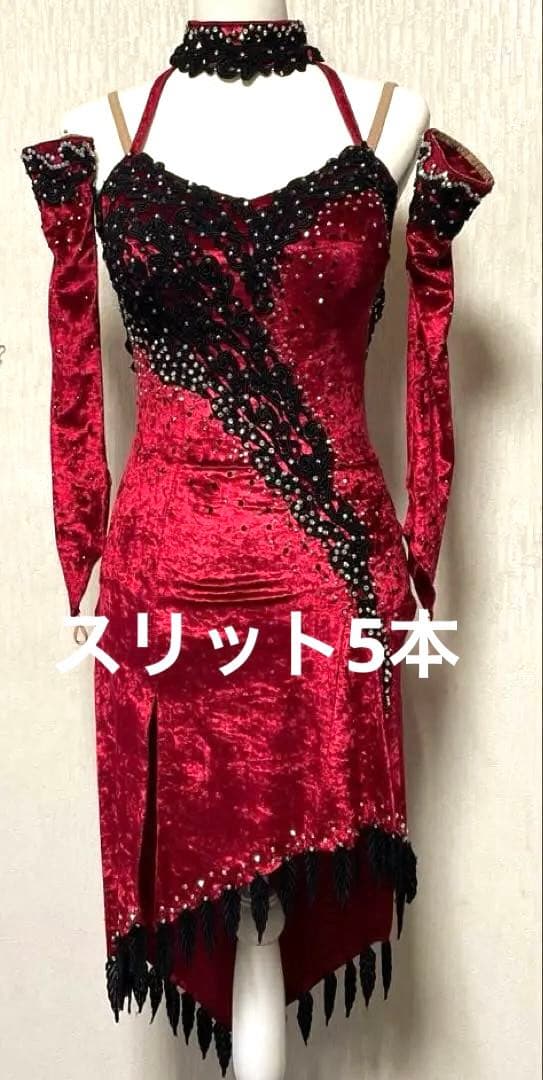 社交ダンス　日本製ラテンドレス　光沢ベロア　伸縮性　ボルドー赤　S〜M