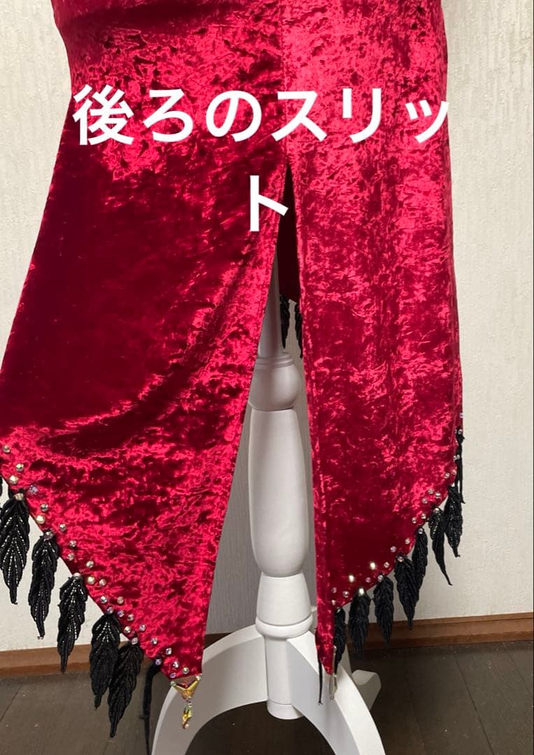 社交ダンス　日本製ラテンドレス　光沢ベロア　伸縮性　ボルドー赤　S〜M