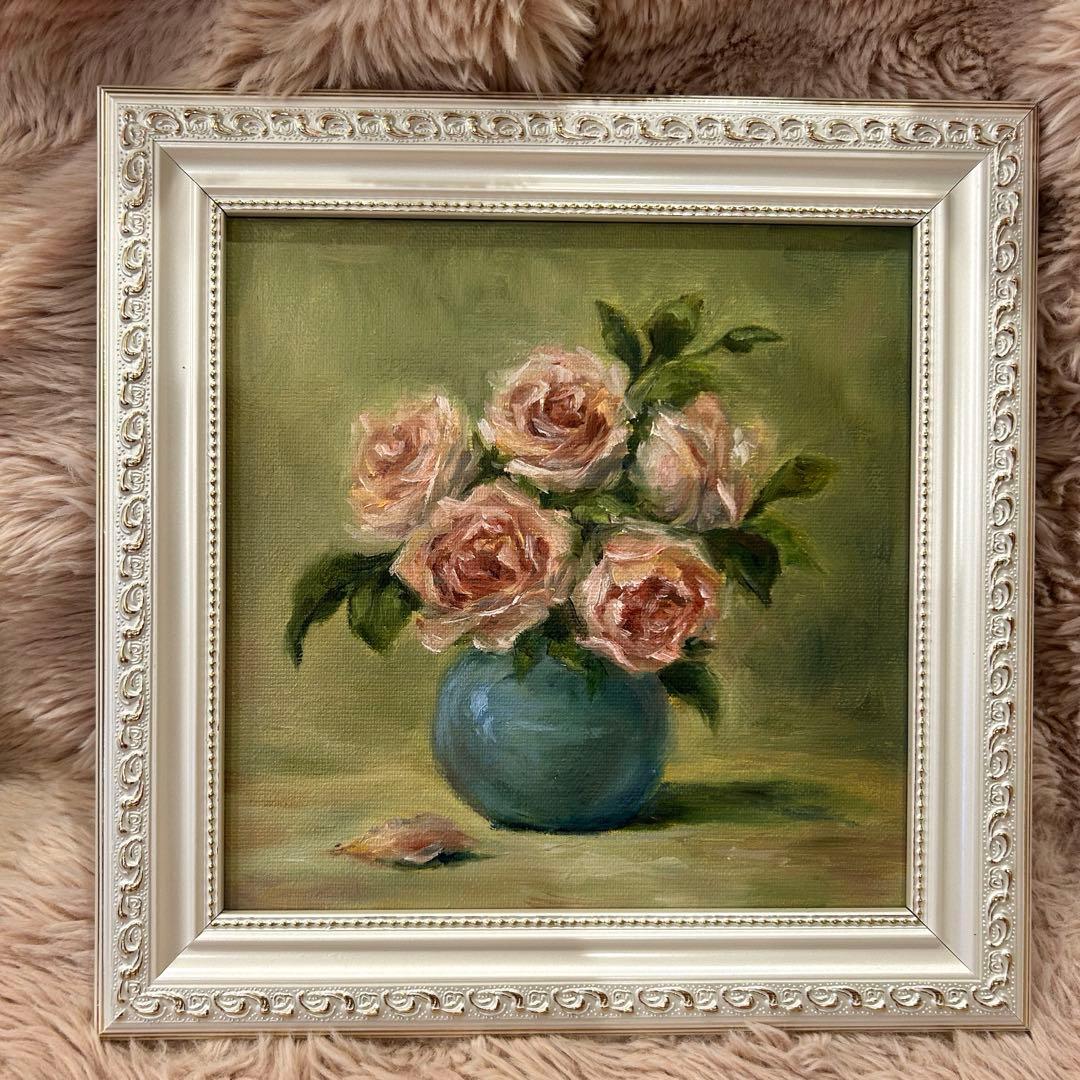 バラの花束 額縁付油彩画 約25cm x 25cm 額縁無し¥5980