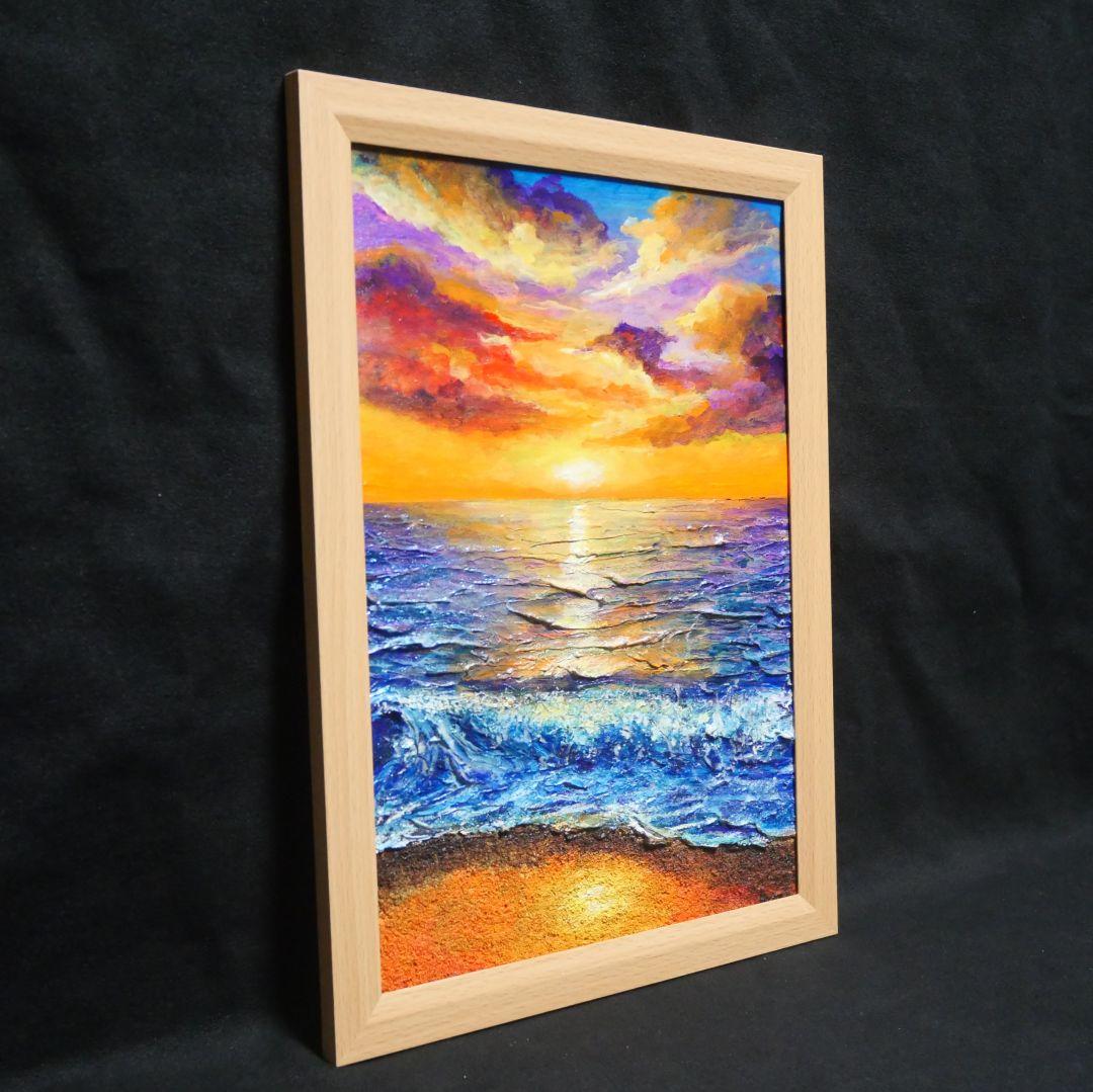 油絵 油彩 油彩画 絵 絵画 【水平線に沈む夕日】A4