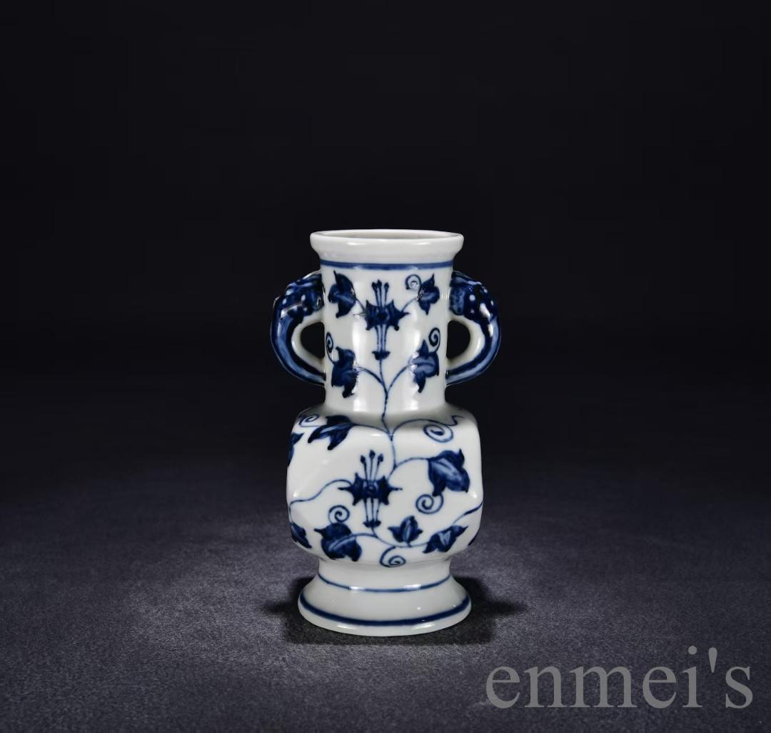 中国古美術・大明宣徳紋・青花花紋両耳瓶・花瓶・唐物・陶磁器・青花磁・朝顔紋・賞物