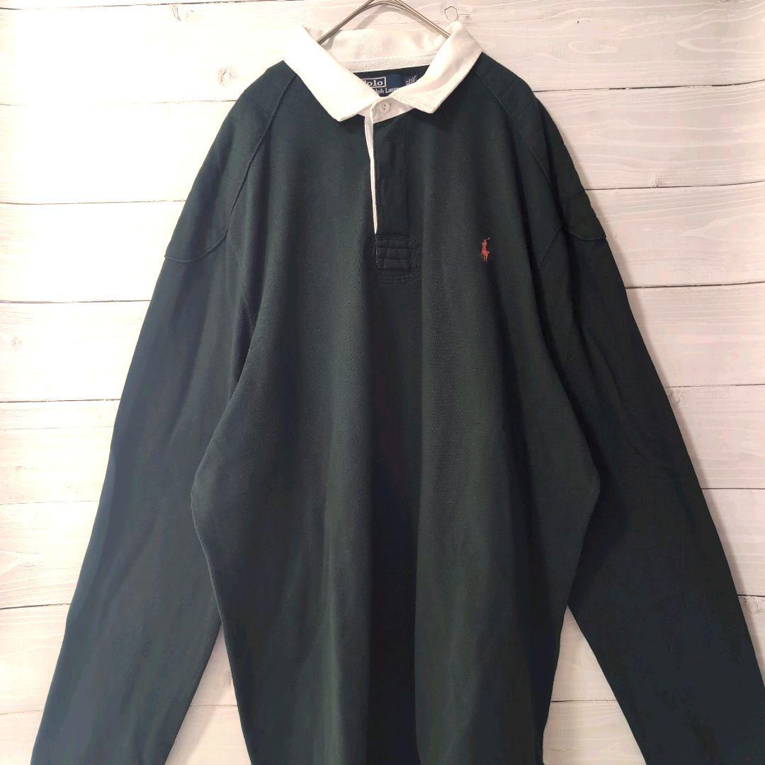 【美品】90Ｓ古着Poloポロラルフローレンラガーシャツ長袖グリーン2XL