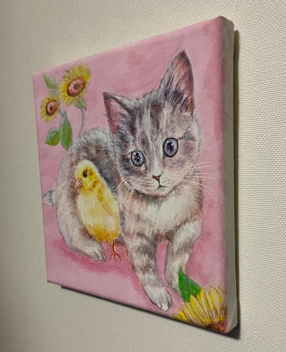 ひよこと猫ちゃん　アクリル画直筆