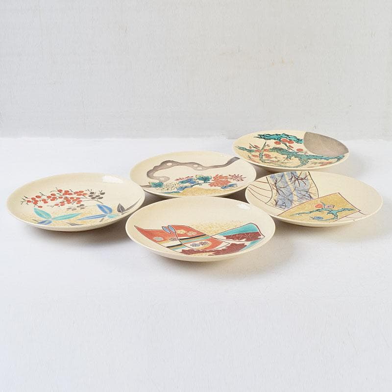 和食器　九谷焼　中村梅山作　色絵　絵変わり　銘々皿　五客　共箱　V　R9615