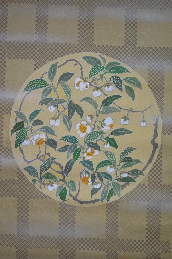 手描き友禅　茶花模様　鹿子　タペストリー