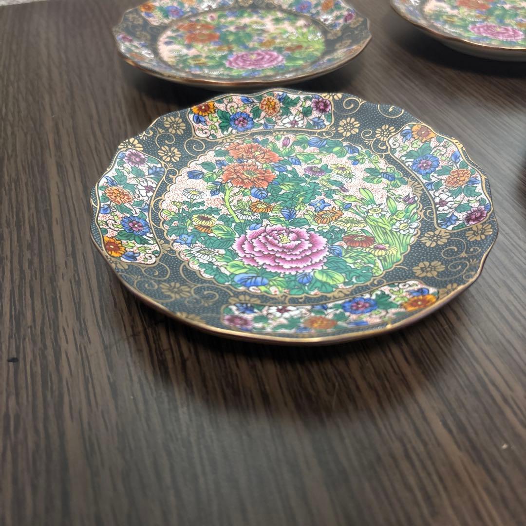 九谷焼　正峰窯　青粒鉄線　花詰　色絵金彩　銘々皿　小皿５枚