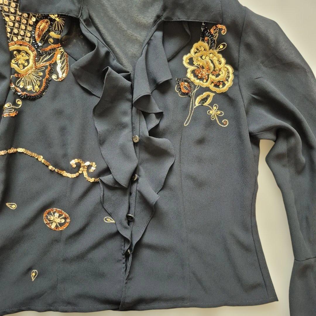 社交ダンス　黒いフリル付き刺繍レッスンウェア