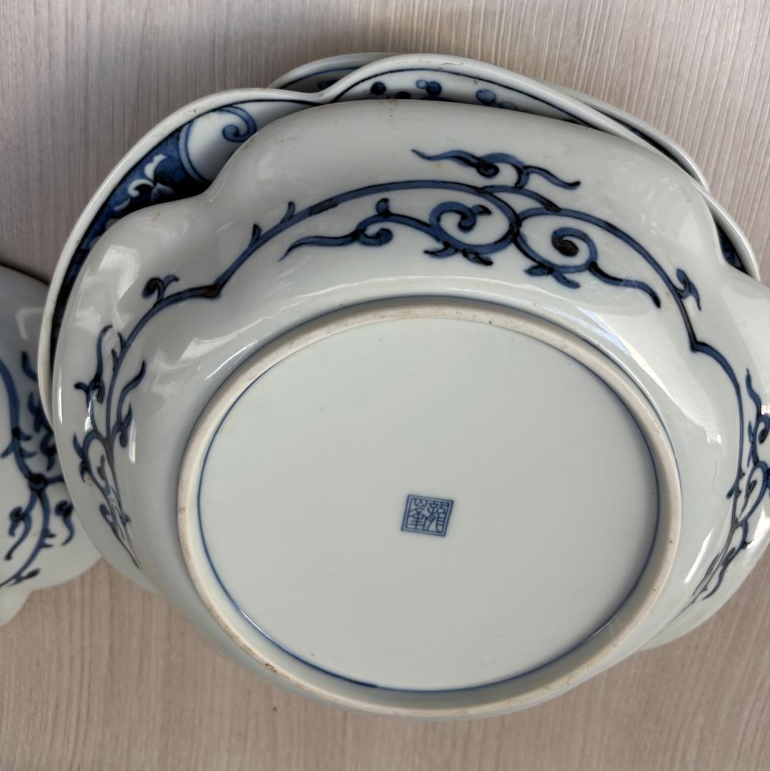 三洋陶器　龍峰窯　染付　古伊万里　木瓜型皿　4枚セット　楕円皿　松竹梅　和食器