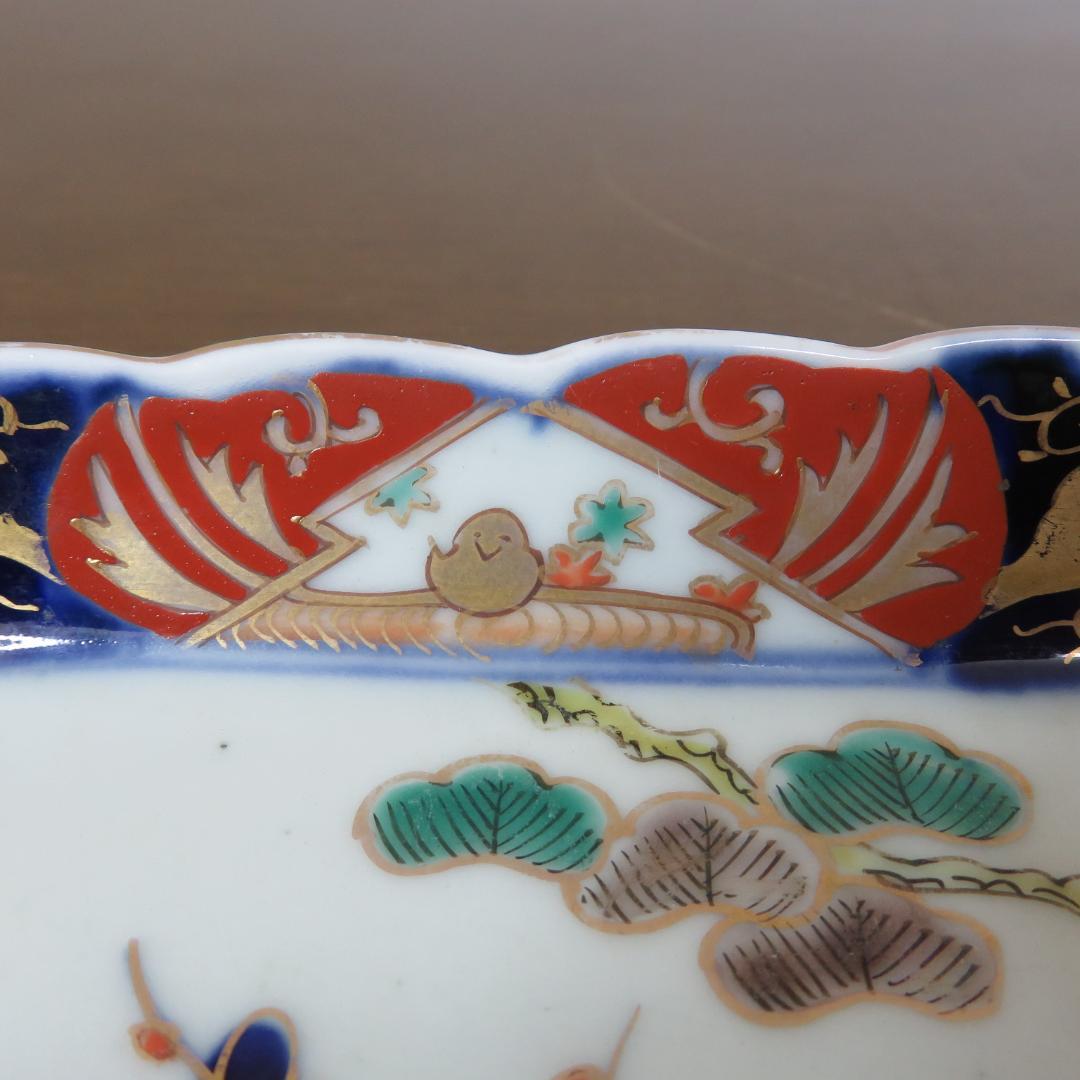 角皿 金彩 色絵付け 歪みあり 松竹梅 人物 船 小鳥 紅葉 5脚 江戸時代