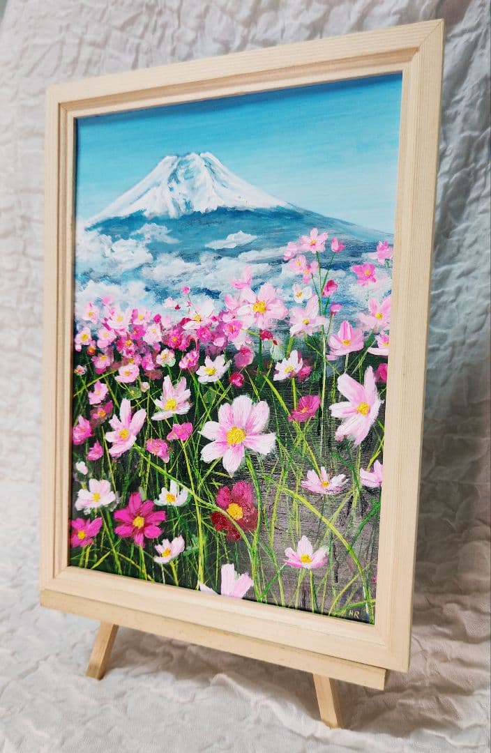 油絵 絵画 【コスモス畑と富士山 】