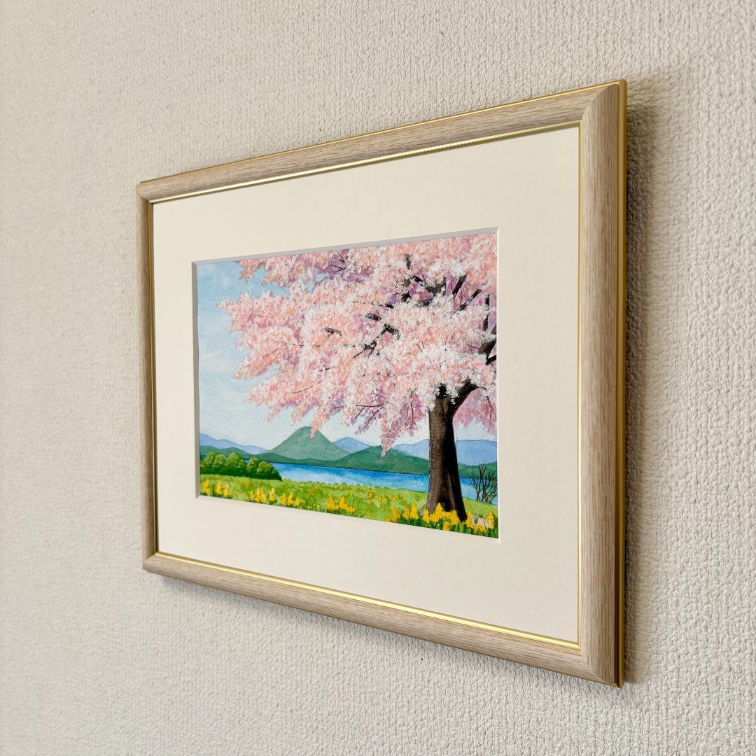 透明水彩画　原画　「湖畔の桜」額縁付き　SMサイズ　風景画