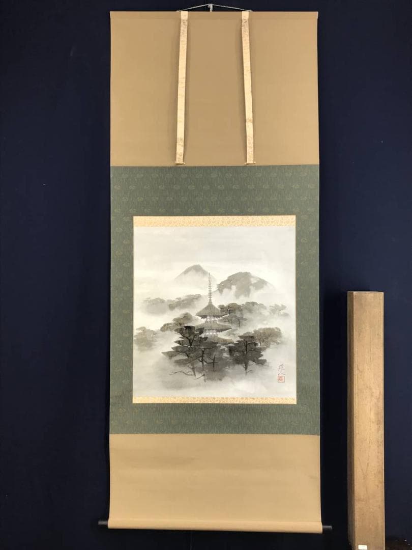 作者不詳/金彩塔山水図/山水図/金泥山水図/横物/掛軸/名家伝来/AE-69