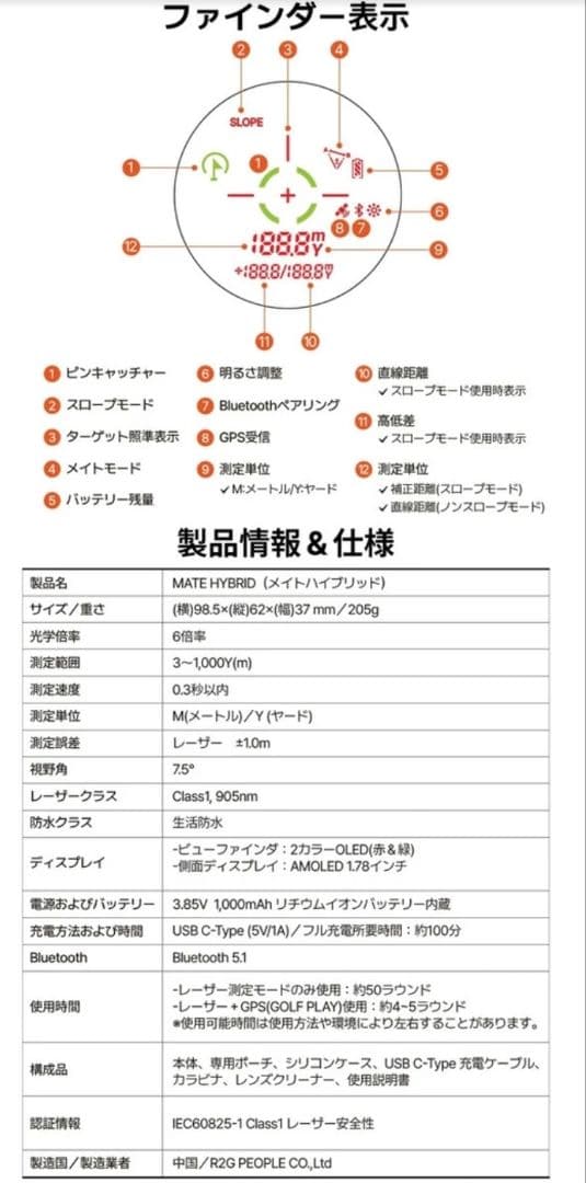 R2Gゴルフ MATE HYBRID R25RNZ03 レーザーGPS距離計測器