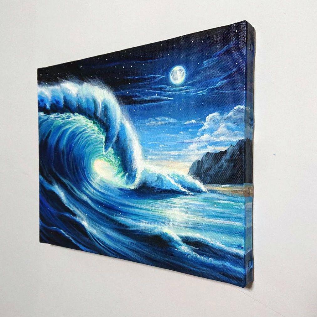 【月夜の大波】アクリル画 F3 風景画 絵画 海の絵
