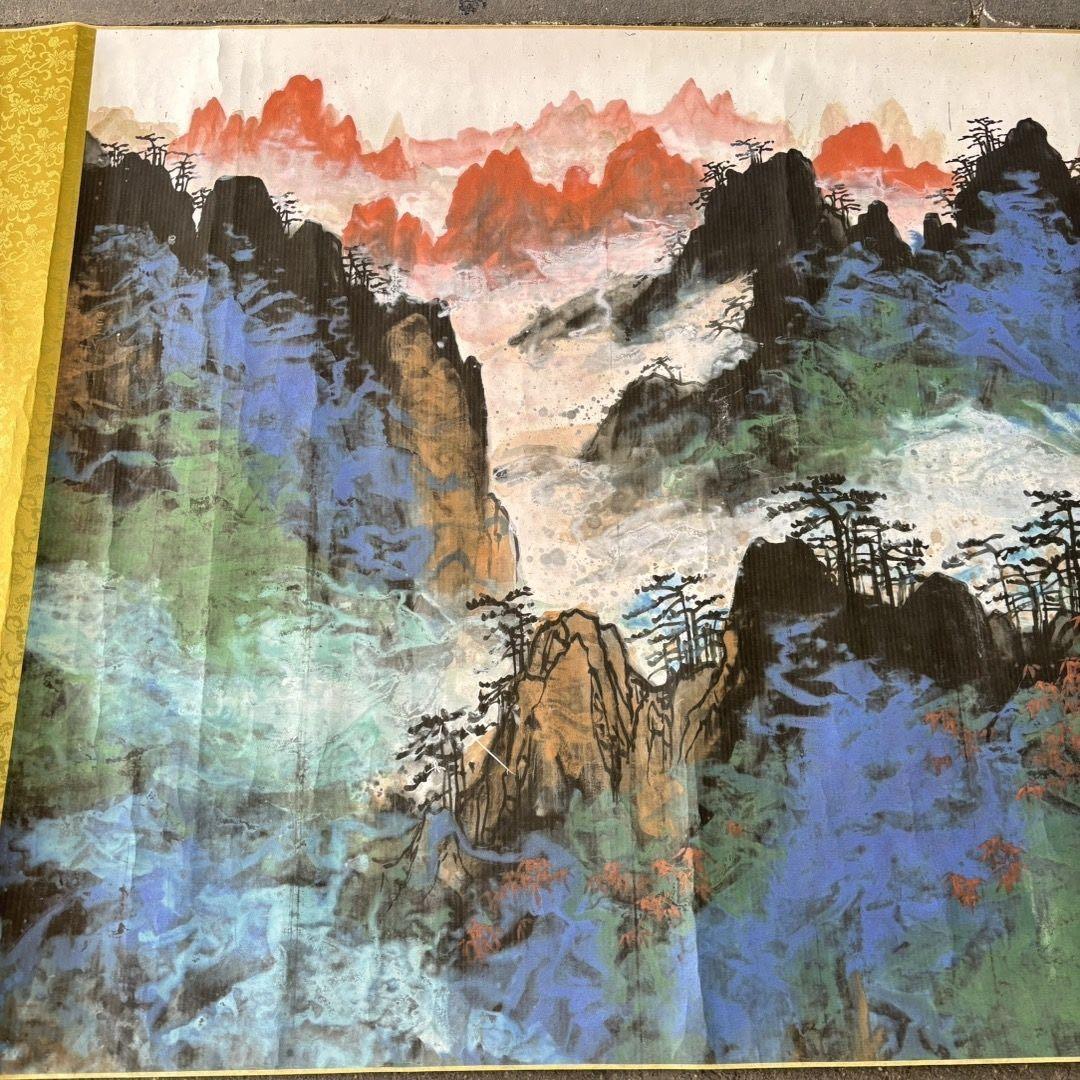 近代 彩墨山水 長巻 掛軸 約90×326cm