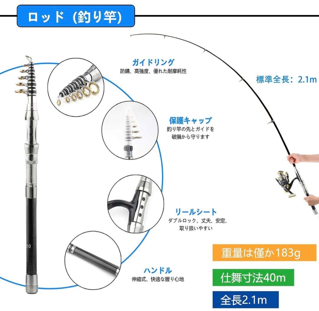 釣り竿セット 2.1m 日本語入門ガイド付き 初心者伸縮ロード スピニングリール