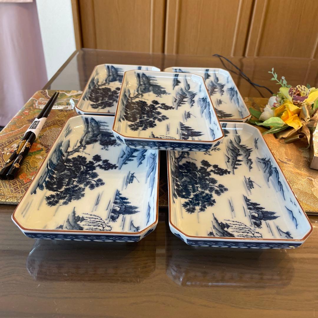 希少廃盤品 新品　前畑陶器　美濃焼　庫山窯　八角　青華山水焼物皿揃　5枚　箱なし