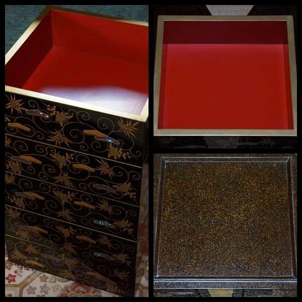 明治五年 輪島塗鳳光斎造蠟色内朱金蒔絵青貝螺鈿象嵌『松竹梅文』五重箱 替え蓋共箱