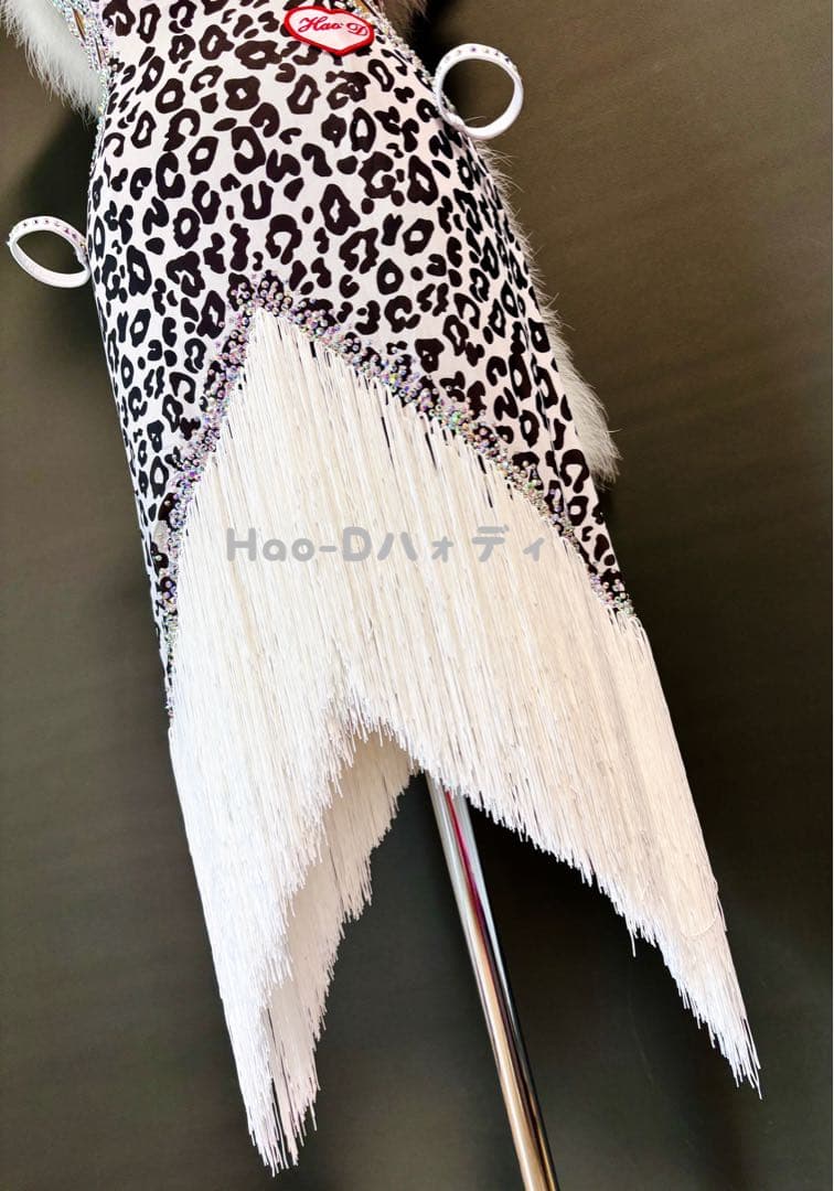 新品★ラテンドレス★白黒豹柄★フリンジ★ファー★マラボー★社交ダンス★競技会
