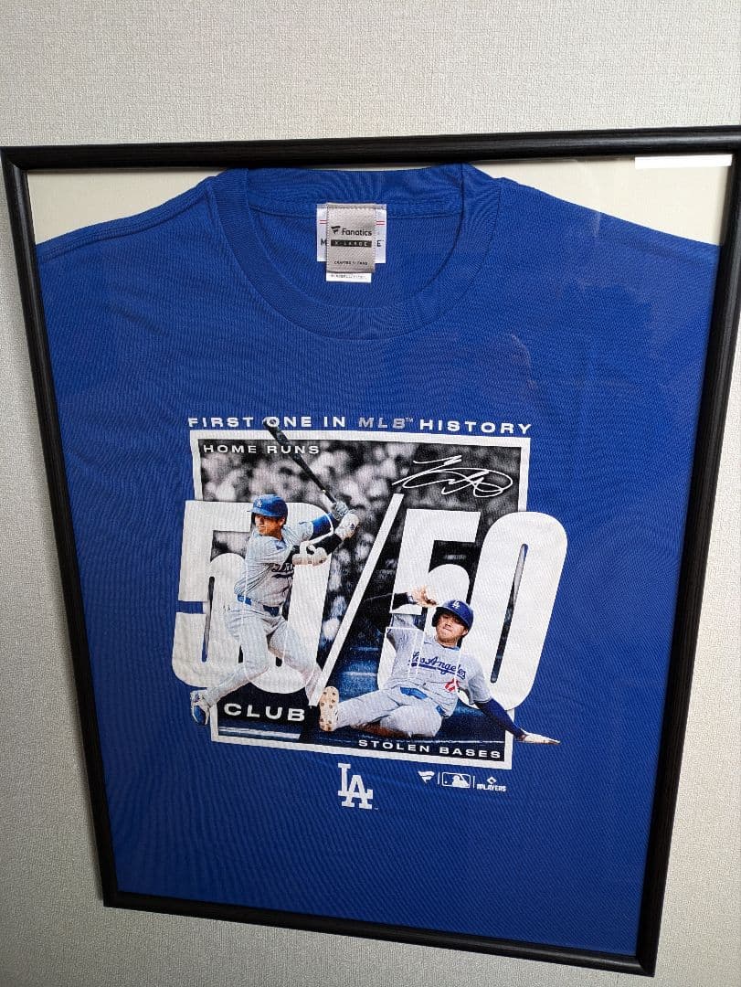 大谷翔平選手、50/50、Tシャツ、XLサイズ、Fanatics、額付