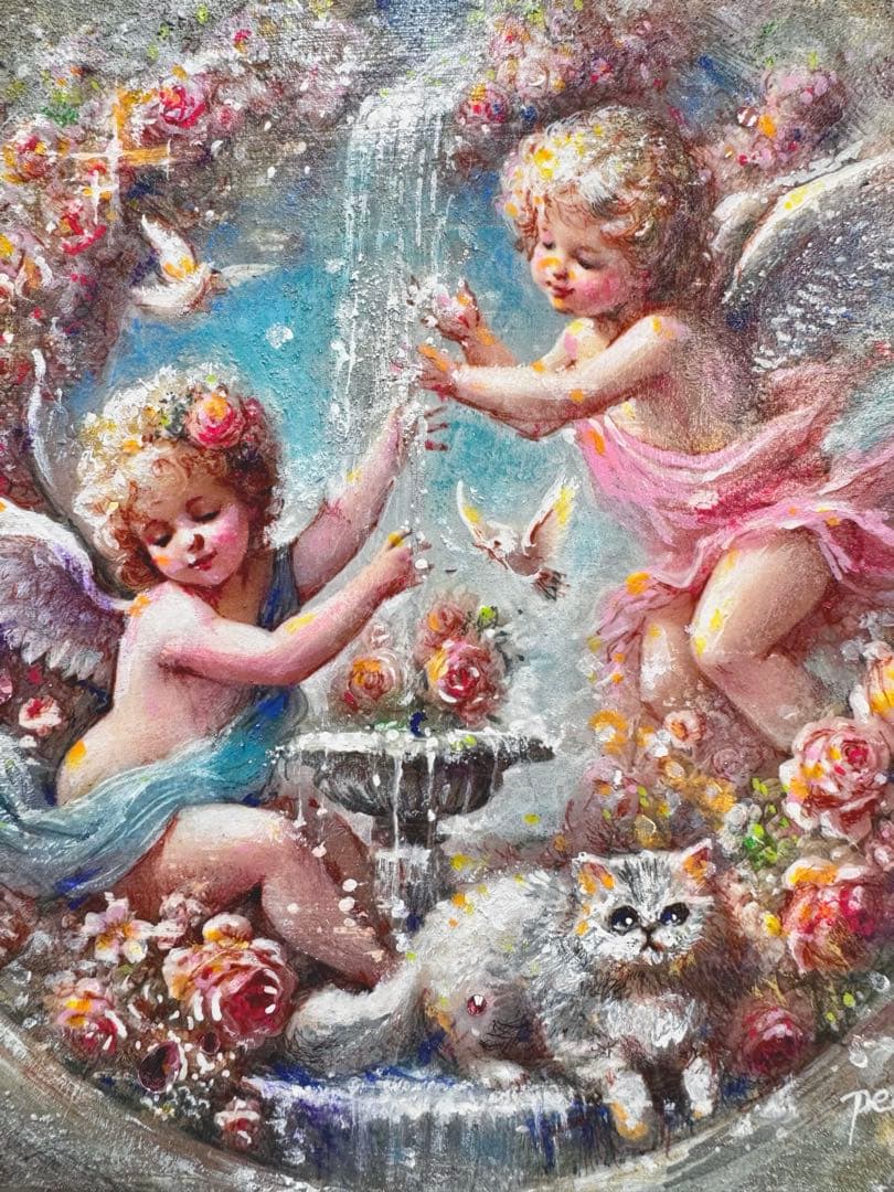 ぷ*侍様 絵画原画《平和の泉》　　水の滴が気持ち穏やかに出来そうな作品　キラキラ