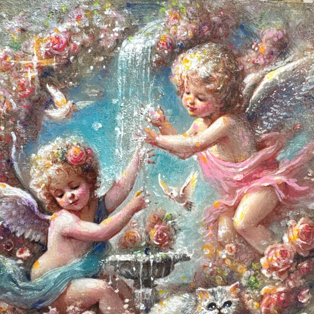 ぷ*侍様 絵画原画《平和の泉》　　水の滴が気持ち穏やかに出来そうな作品　キラキラ