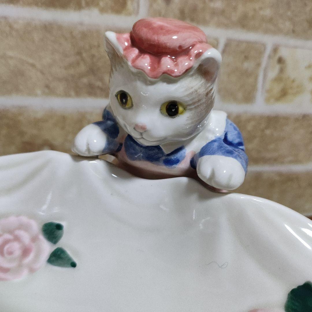 【レア】陶器製 メイド猫 バラ柄 大皿 菓子皿 ハンドペイント