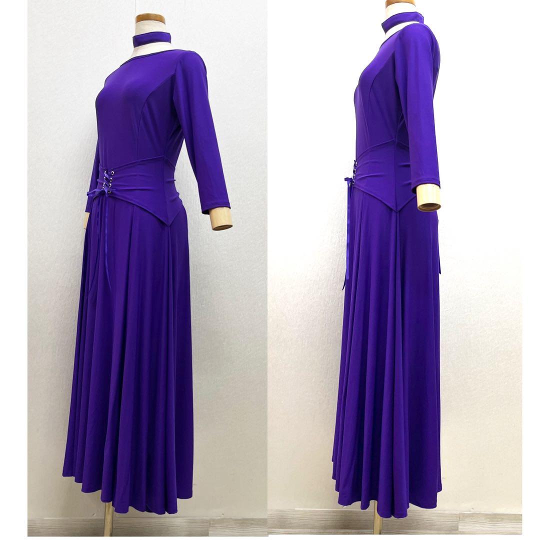 新品 社交ダンス ワンピース 青紫 無地 サイズML