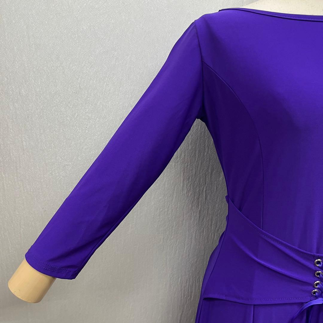 新品 社交ダンス ワンピース 青紫 無地 サイズML