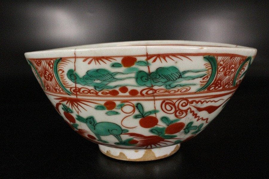 中国美術 呉須赤絵 魁紋 碗 φ21cm 旧家蔵出
