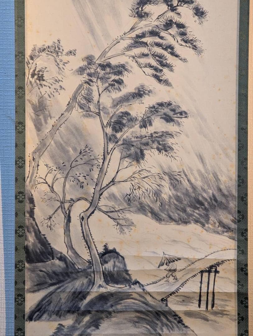 【真作】掛軸　春渓急雨之図　山水画　墨彩　日本画　古画風　共箱入　V130