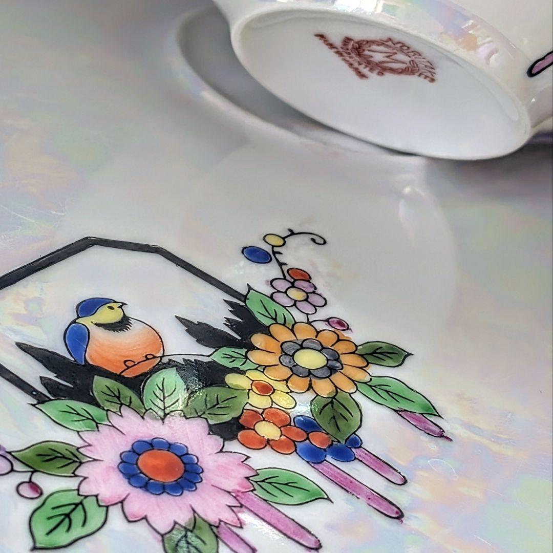 オールドノリタケ アールデコ期 虹ラスター彩 南国鳥と花絵柄の スナックセット