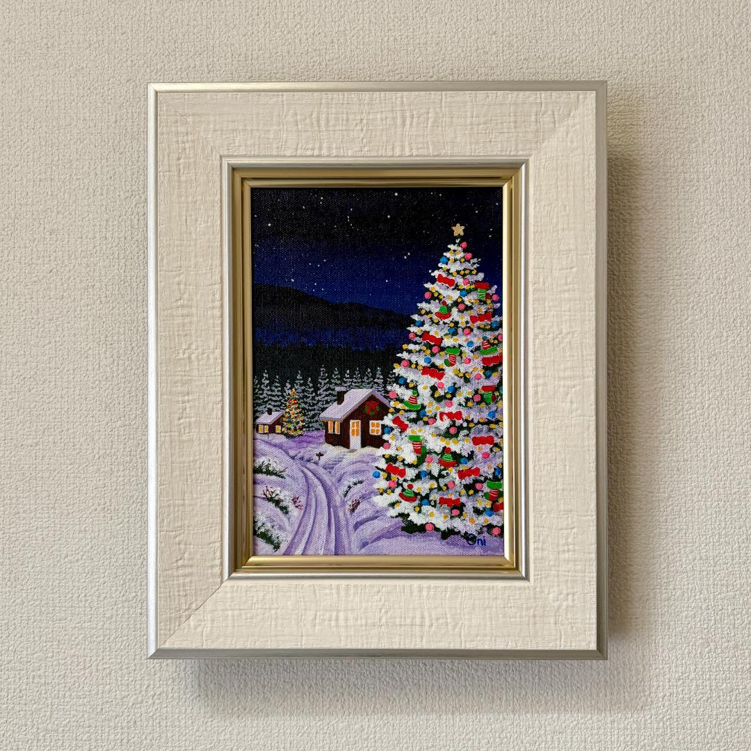 アクリル画　原画　「星降る夜のクリスマス05」額縁付き　SMサイズ　風景画