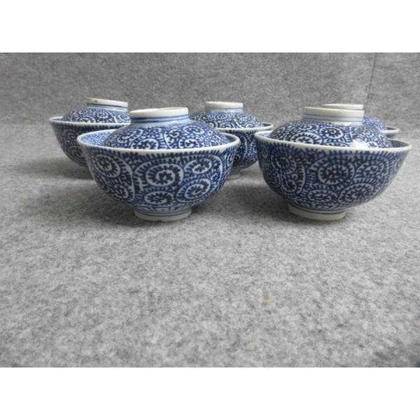 古伊万里太明年製染付蛸唐草蓋茶碗5個 [B28628]