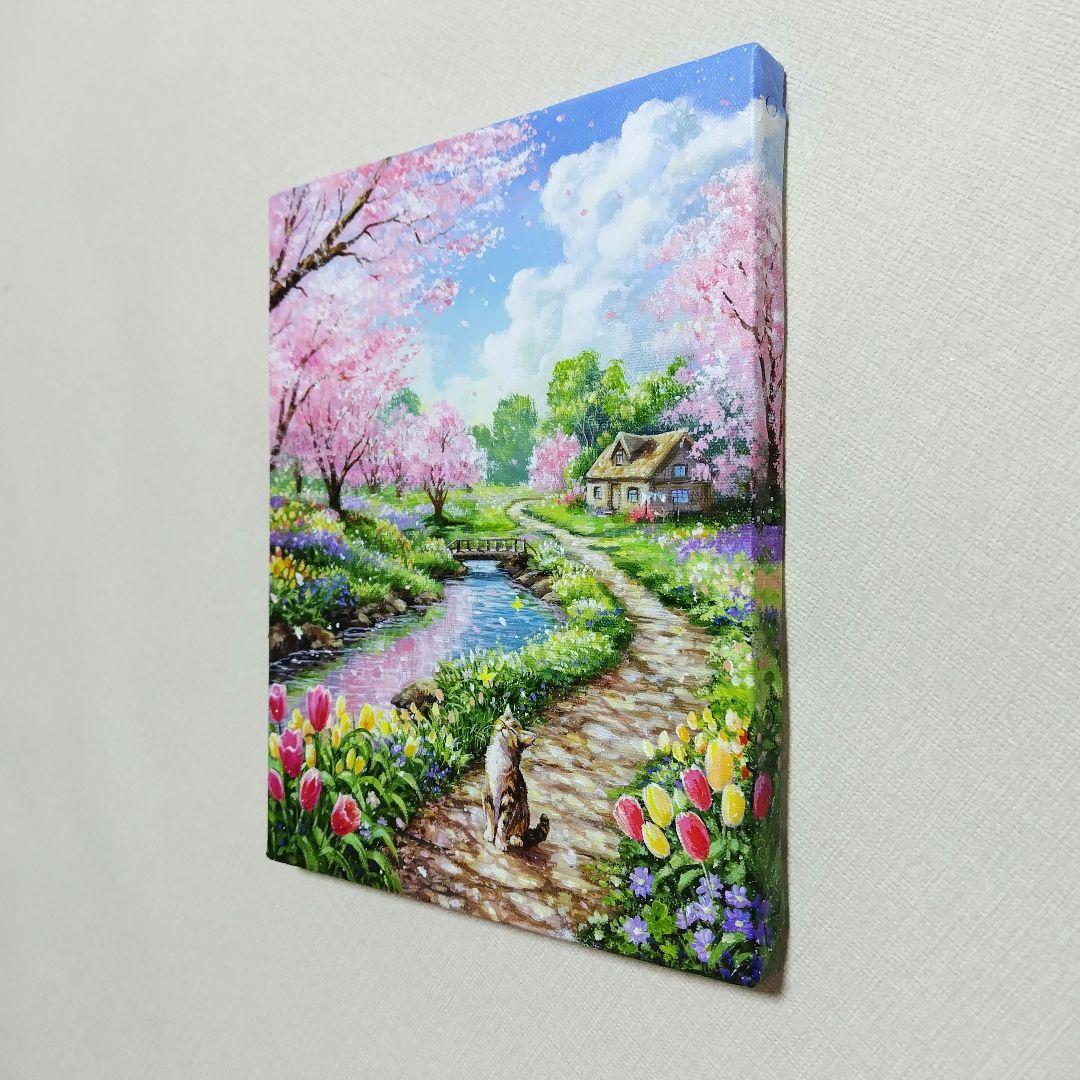 【春の散歩道】アクリル画 F3 風景画 絵画