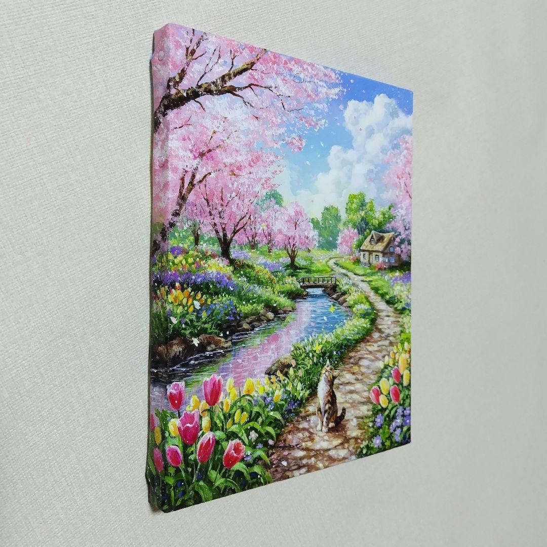 【春の散歩道】アクリル画 F3 風景画 絵画