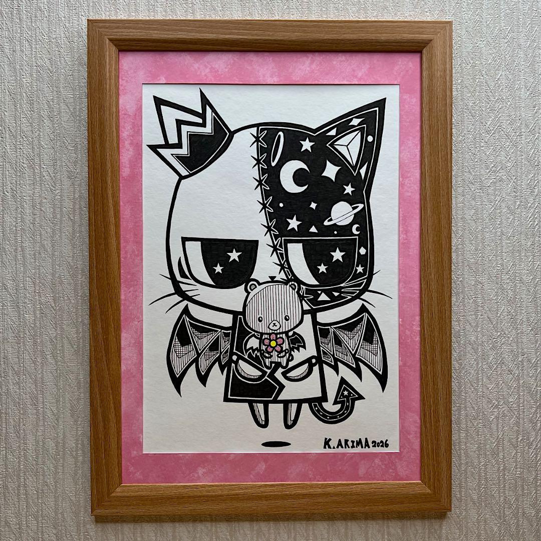 動物画 原画 絵 手描き 癒し 猫 くまさん 一点物 額縁付『優しさのかけら』