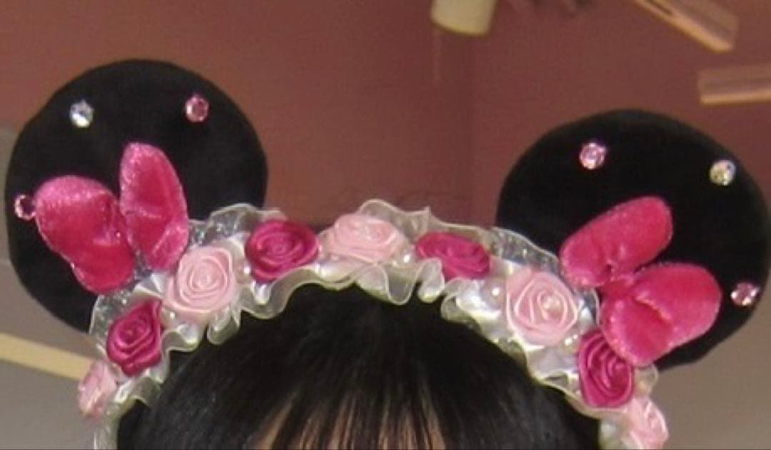 ディズニー　カチューシャ　薔薇　ミニー　フリル　レース　ピンク