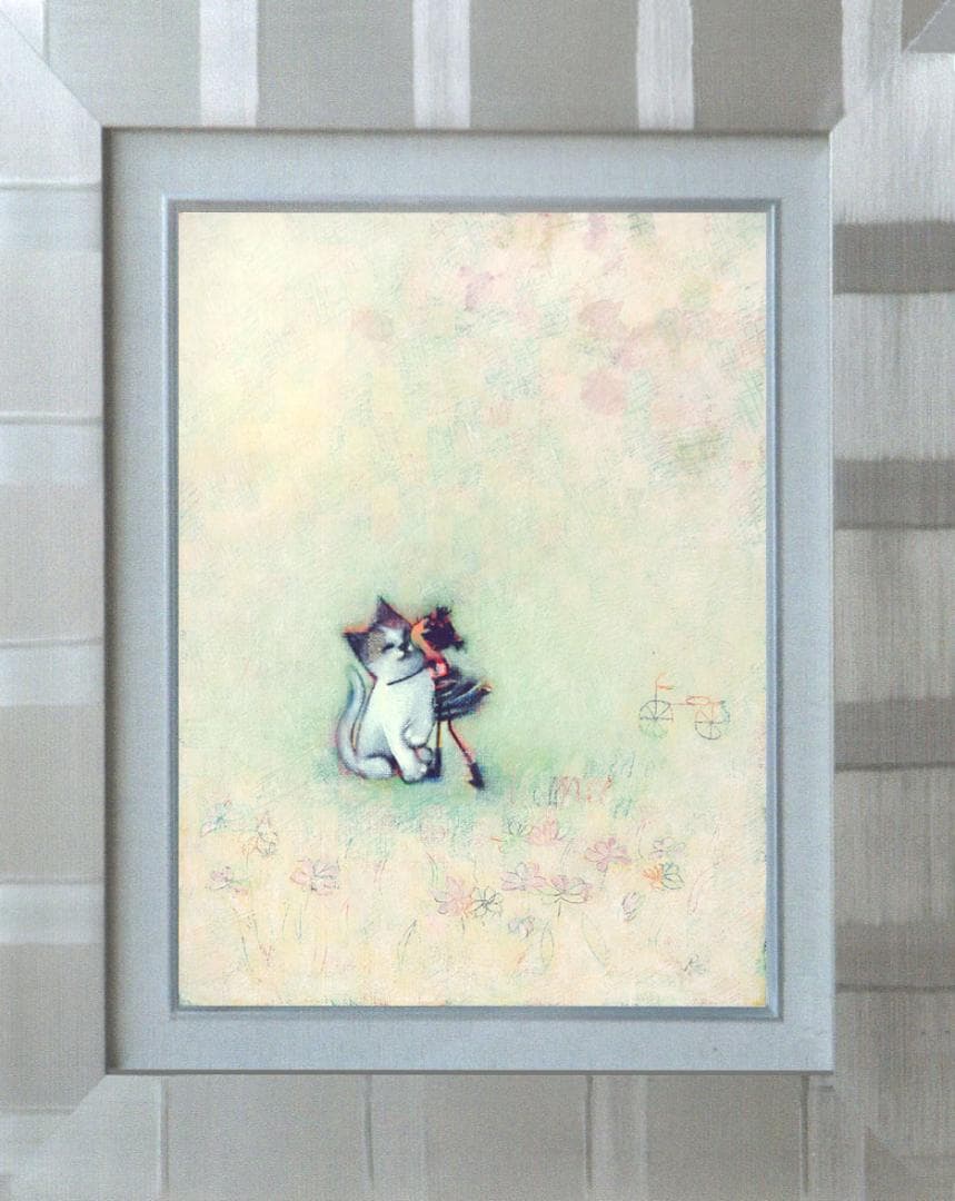 油絵 菅家令子絵 絵画インテリア額付(淡い銀青緑 )F3-051621子猫女の子